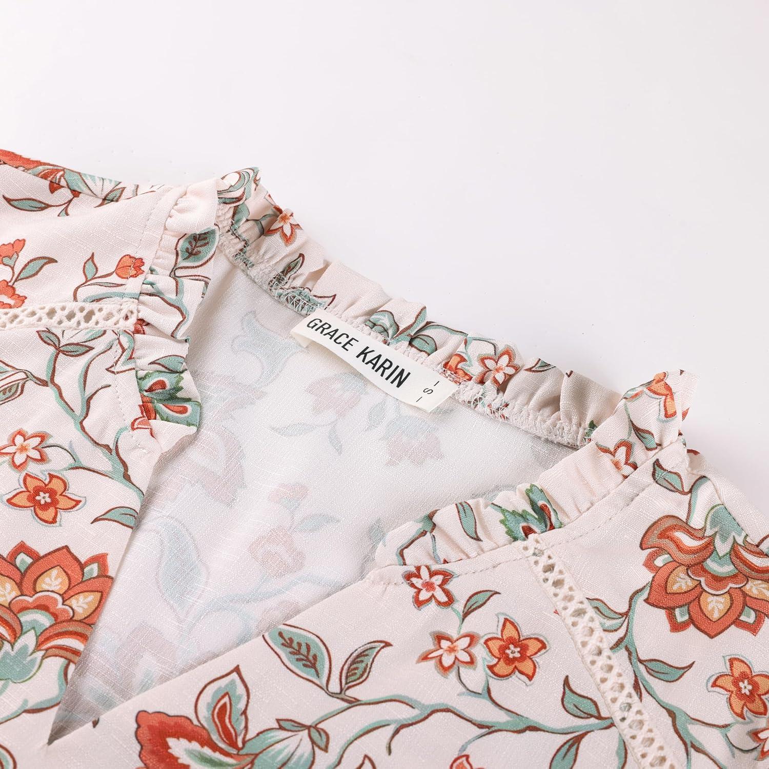 imageGRACE KARIN Women Boho Floral Tops Summer Short Sleeve Shirts V Neck Dressy Casual Blouse Work Printed 2026 Spring TrendyBeige Orange
