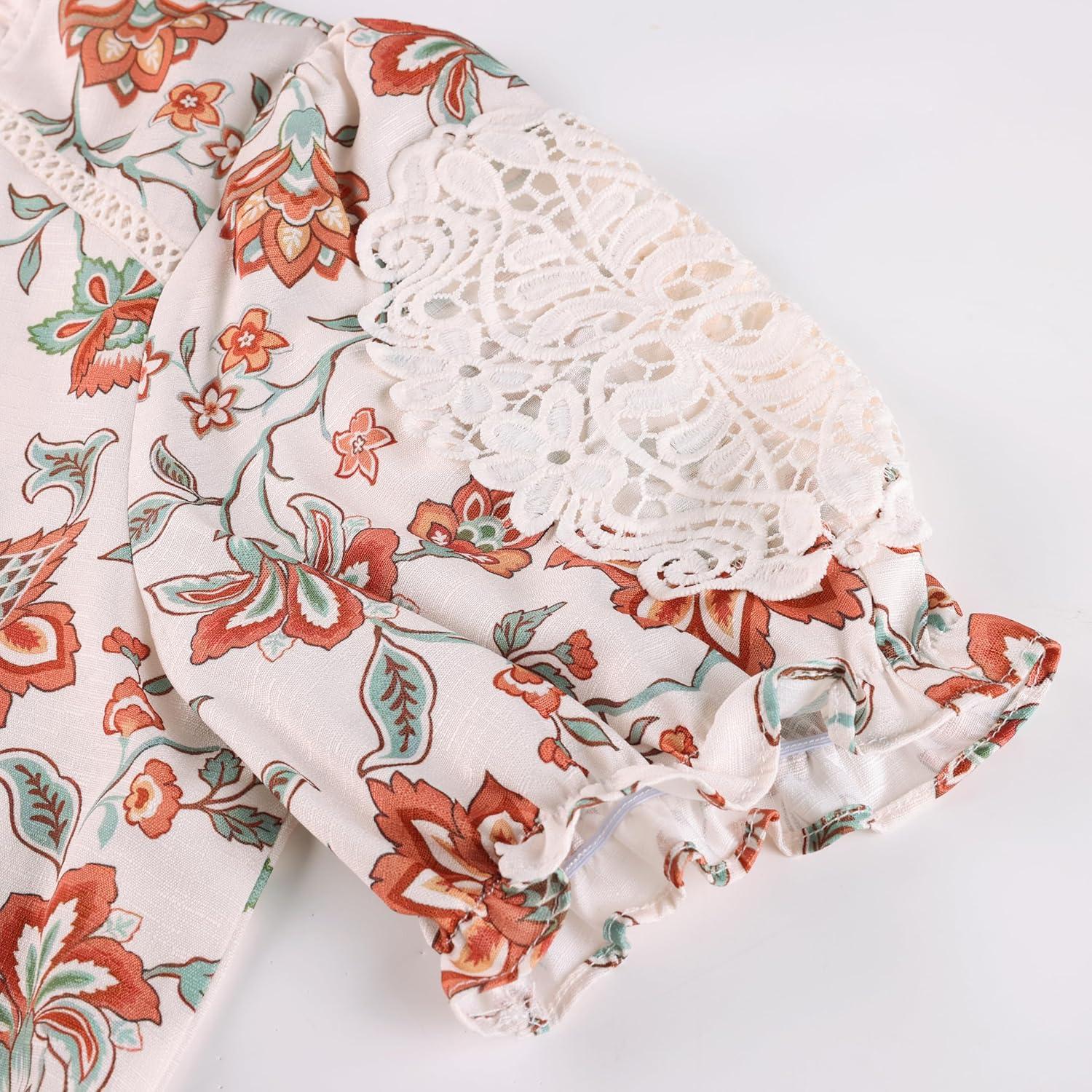 imageGRACE KARIN Women Boho Floral Tops Summer Short Sleeve Shirts V Neck Dressy Casual Blouse Work Printed 2026 Spring TrendyBeige Orange