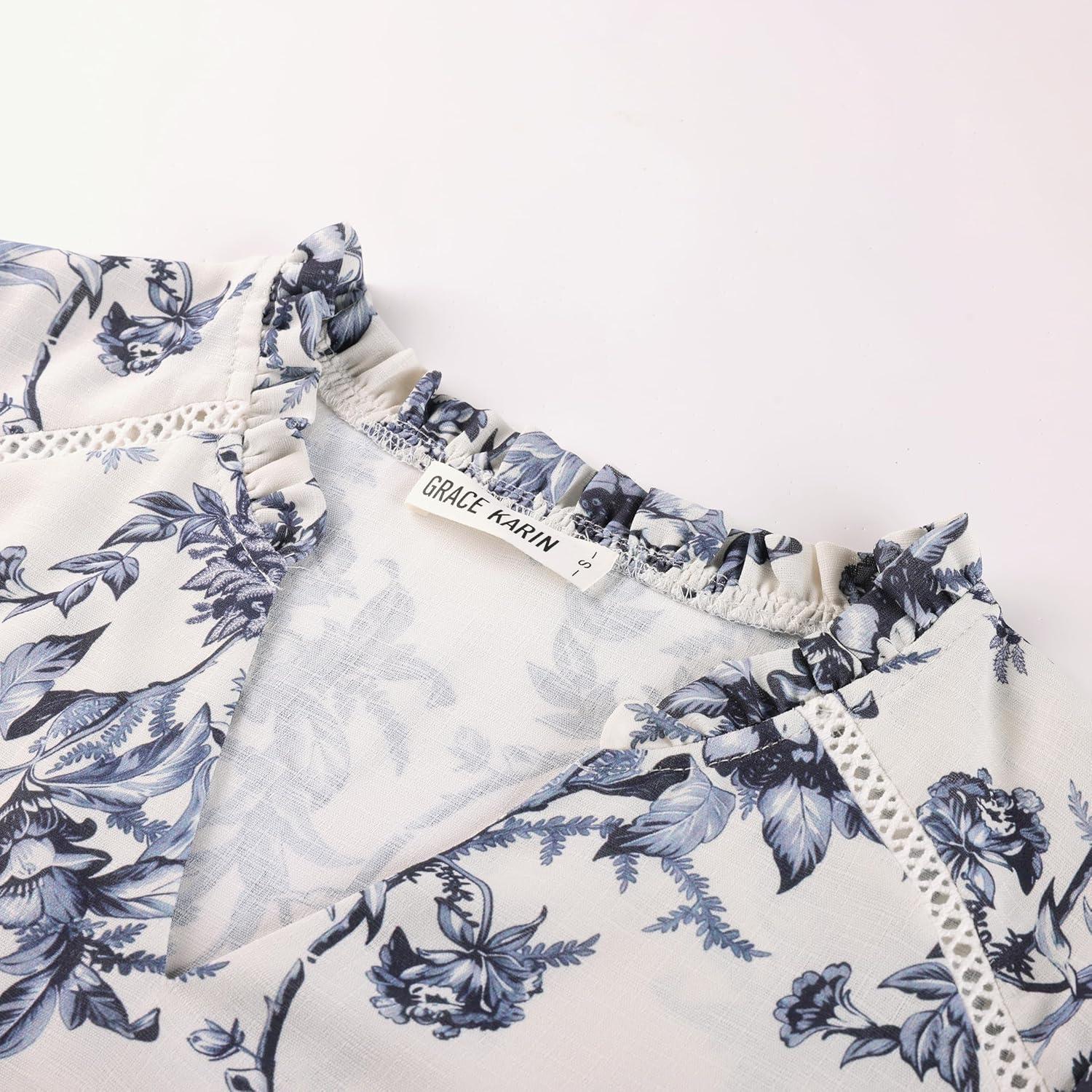 imageGRACE KARIN Women Boho Floral Tops Summer Short Sleeve Shirts V Neck Dressy Casual Blouse Work Printed 2026 Spring TrendyNavy Blue