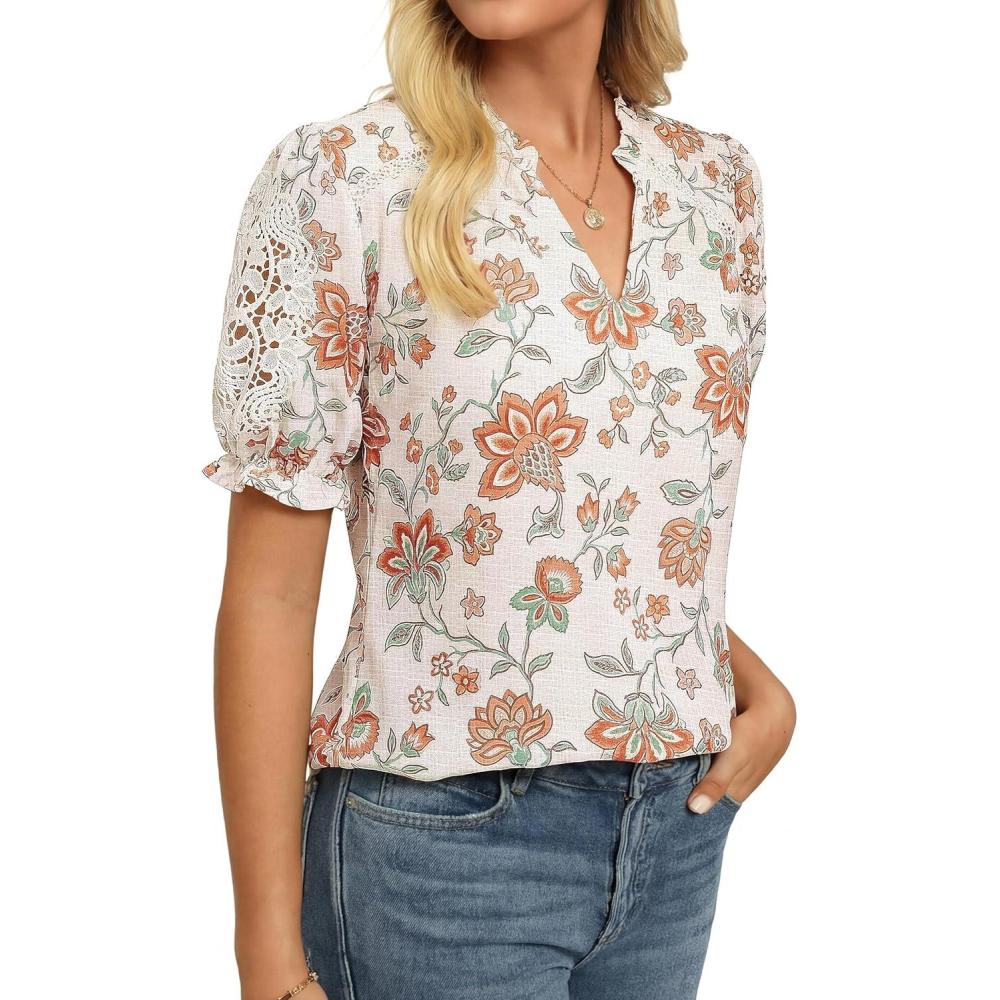 imageGRACE KARIN Women Boho Floral Tops Summer Short Sleeve Shirts V Neck Dressy Casual Blouse Work Printed 2026 Spring TrendyBeige Orange