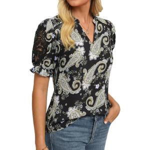 GRACE KARIN Women Boho Floral Tops, Summer Short Sleeve Shirts, V Neck Dressy Casual Blouse Work Printed 2026 Spring Trendy(Black)