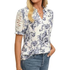 GRACE KARIN Women Boho Floral Tops, Summer Short Sleeve Shirts, V Neck Dressy Casual Blouse Work Printed 2026 Spring Trendy(Navy Blue)