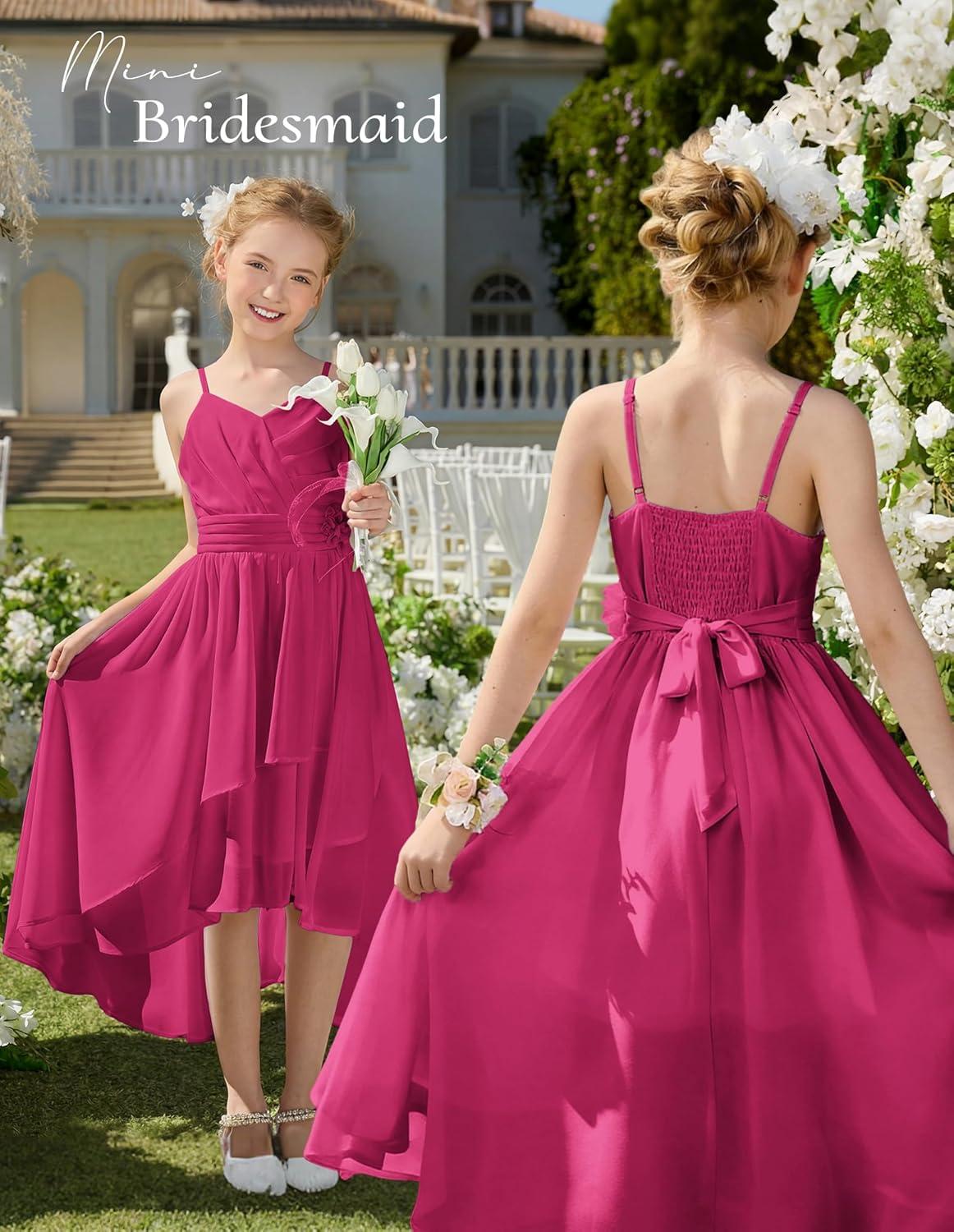 imageGRACE KARIN Girls Chiffon Summer Dresses Teen Long Party Formal Dress Flower Bridesmaid Straps Shirred High Low Clothes 614Hot Pink