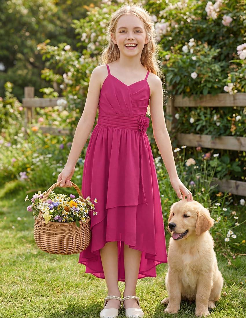imageGRACE KARIN Girls Chiffon Summer Dresses Teen Long Party Formal Dress Flower Bridesmaid Straps Shirred High Low Clothes 614Hot Pink
