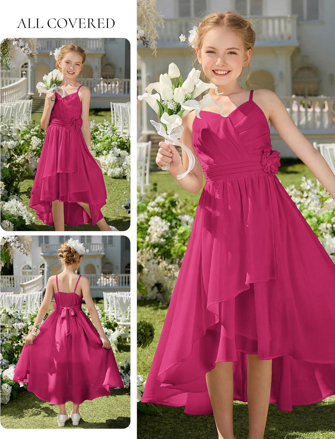 imageGRACE KARIN Girls Chiffon Summer Dresses Teen Long Party Formal Dress Flower Bridesmaid Straps Shirred High Low Clothes 614Hot Pink