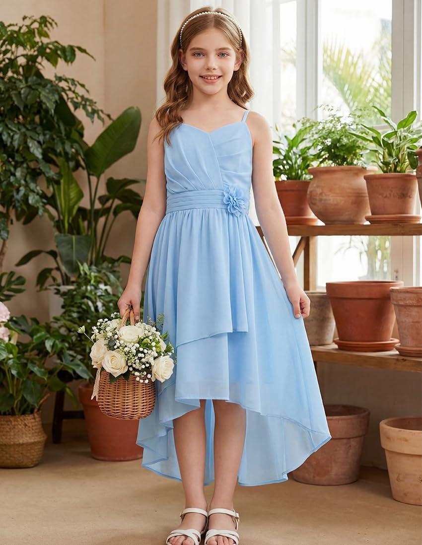 imageGRACE KARIN Girls Chiffon Summer Dresses Teen Long Party Formal Dress Flower Bridesmaid Straps Shirred High Low Clothes 614Light Blue