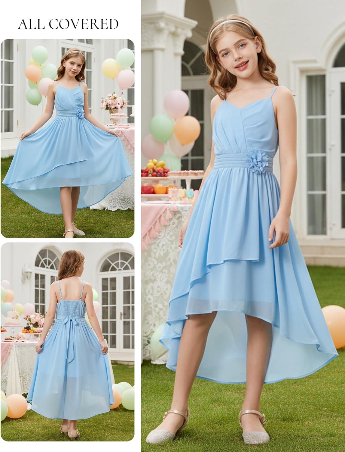 imageGRACE KARIN Girls Chiffon Summer Dresses Teen Long Party Formal Dress Flower Bridesmaid Straps Shirred High Low Clothes 614Light Blue