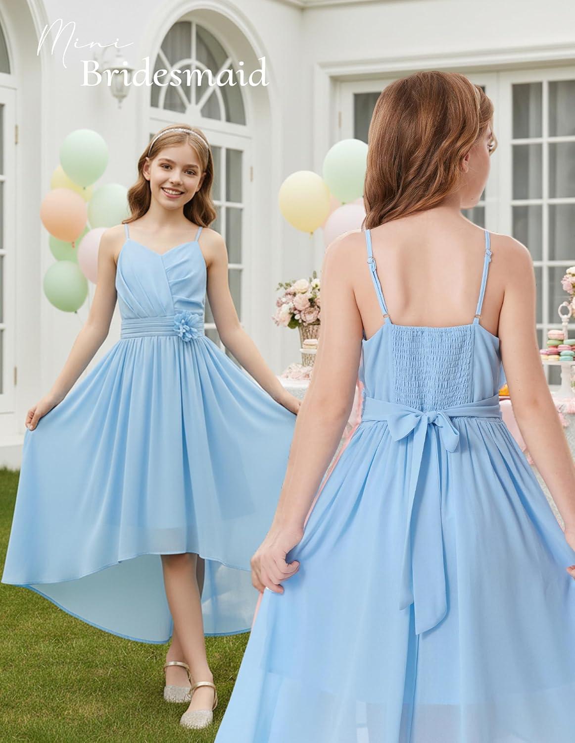 imageGRACE KARIN Girls Chiffon Summer Dresses Teen Long Party Formal Dress Flower Bridesmaid Straps Shirred High Low Clothes 614Light Blue