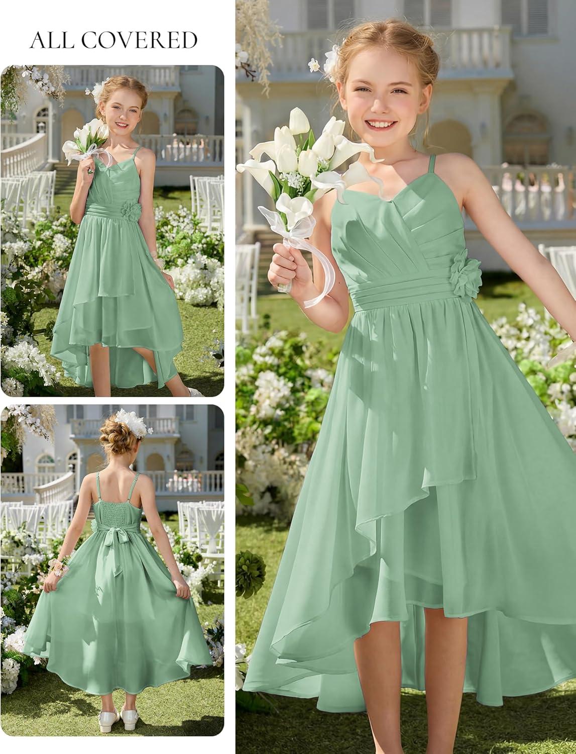 imageGRACE KARIN Girls Chiffon Summer Dresses Teen Long Party Formal Dress Flower Bridesmaid Straps Shirred High Low Clothes 614Light Green
