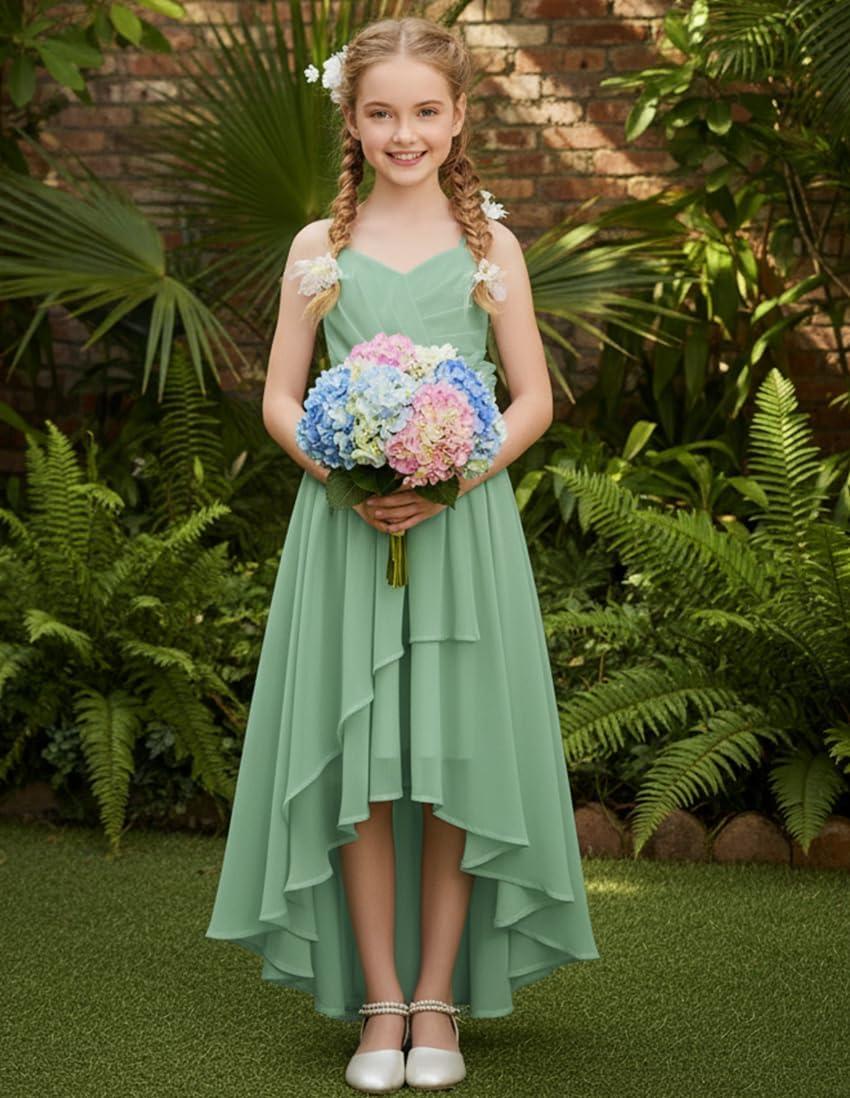 imageGRACE KARIN Girls Chiffon Summer Dresses Teen Long Party Formal Dress Flower Bridesmaid Straps Shirred High Low Clothes 614Light Green