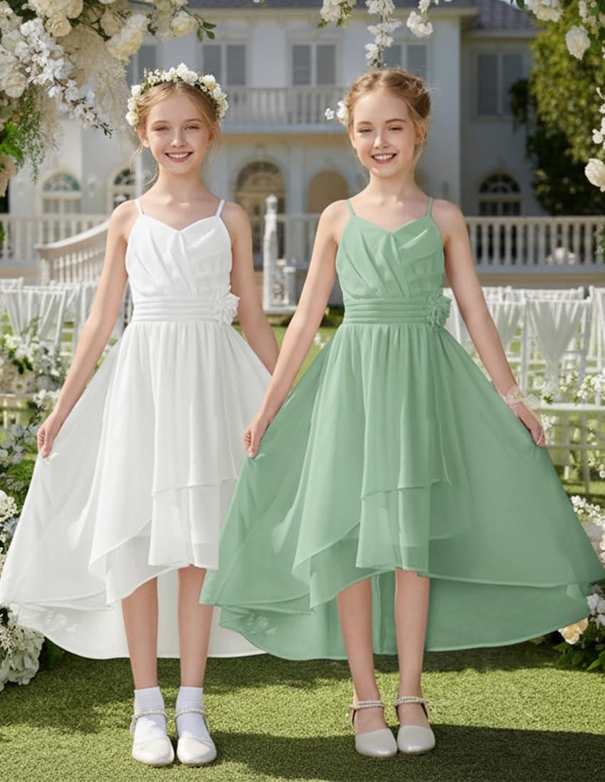 imageGRACE KARIN Girls Chiffon Summer Dresses Teen Long Party Formal Dress Flower Bridesmaid Straps Shirred High Low Clothes 614Light Green