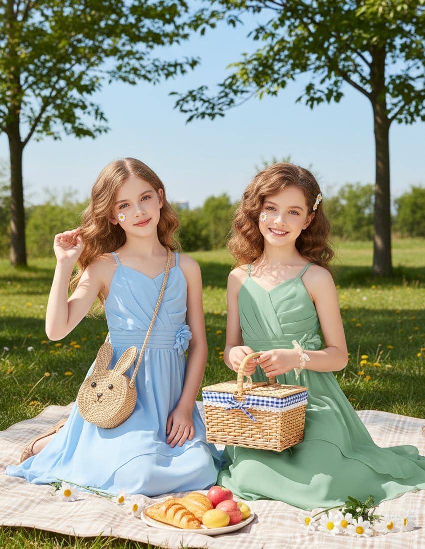 imageGRACE KARIN Girls Chiffon Summer Dresses Teen Long Party Formal Dress Flower Bridesmaid Straps Shirred High Low Clothes 614Light Green