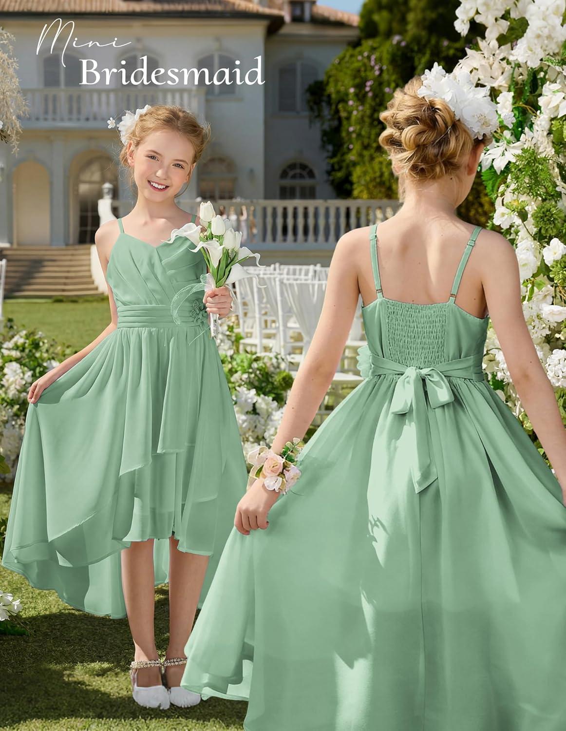 imageGRACE KARIN Girls Chiffon Summer Dresses Teen Long Party Formal Dress Flower Bridesmaid Straps Shirred High Low Clothes 614Light Green