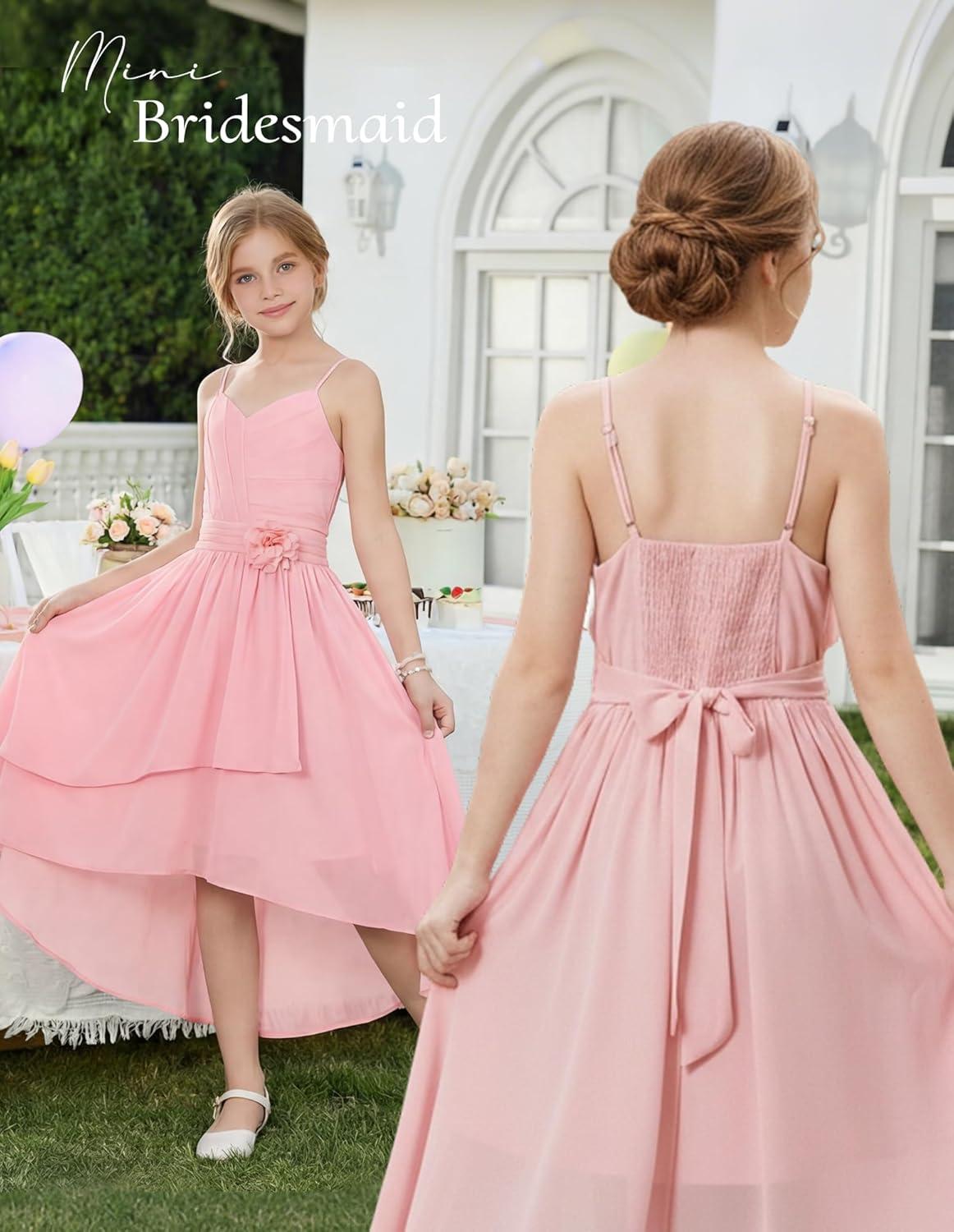 imageGRACE KARIN Girls Chiffon Summer Dresses Teen Long Party Formal Dress Flower Bridesmaid Straps Shirred High Low Clothes 614Light Pink
