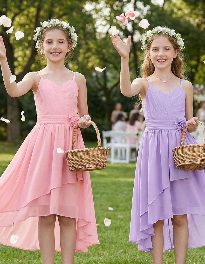 imageGRACE KARIN Girls Chiffon Summer Dresses Teen Long Party Formal Dress Flower Bridesmaid Straps Shirred High Low Clothes 614Light Pink
