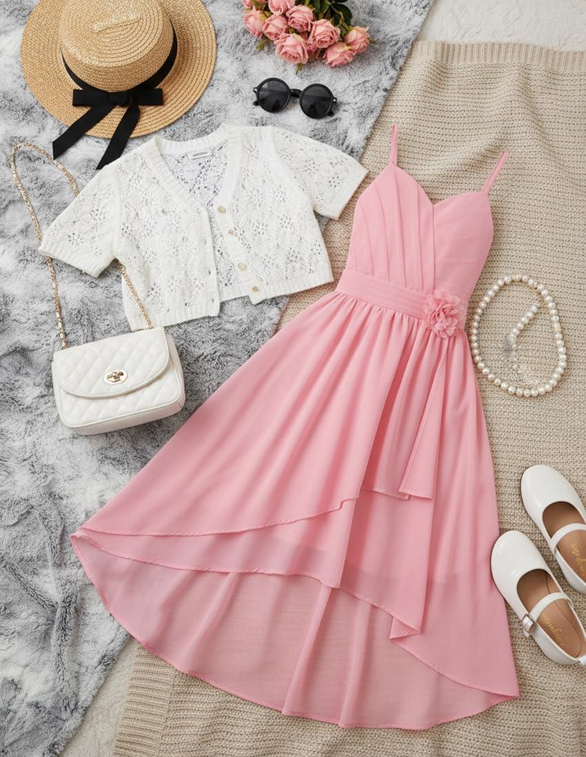 imageGRACE KARIN Girls Chiffon Summer Dresses Teen Long Party Formal Dress Flower Bridesmaid Straps Shirred High Low Clothes 614Light Pink