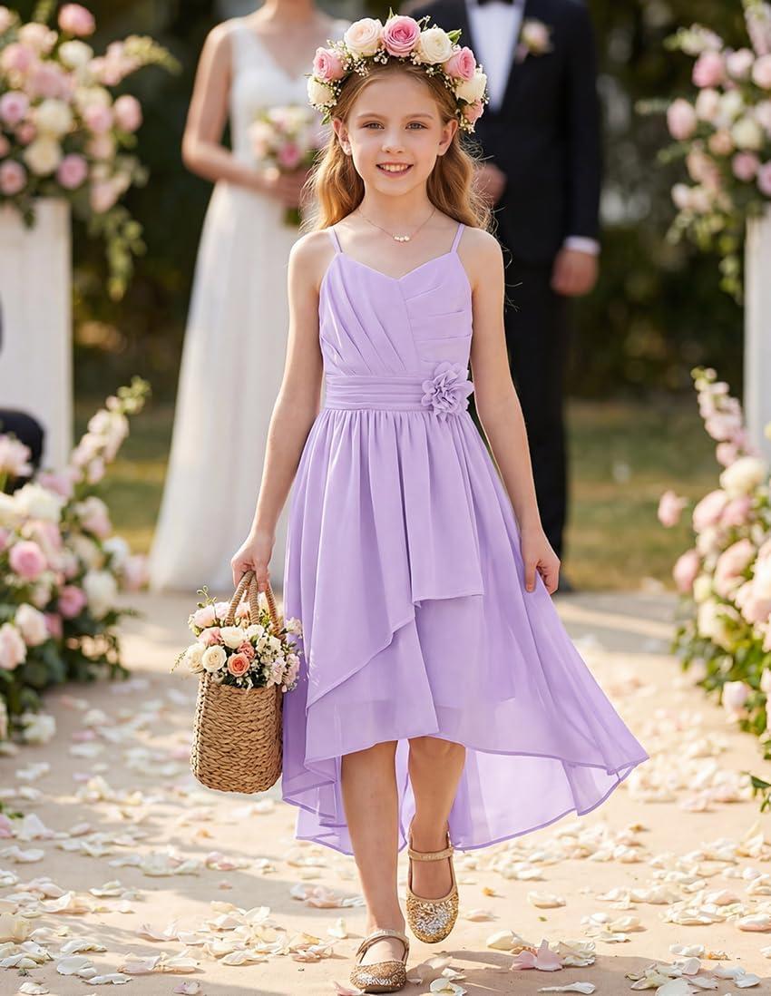 imageGRACE KARIN Girls Chiffon Summer Dresses Teen Long Party Formal Dress Flower Bridesmaid Straps Shirred High Low Clothes 614Light Purple