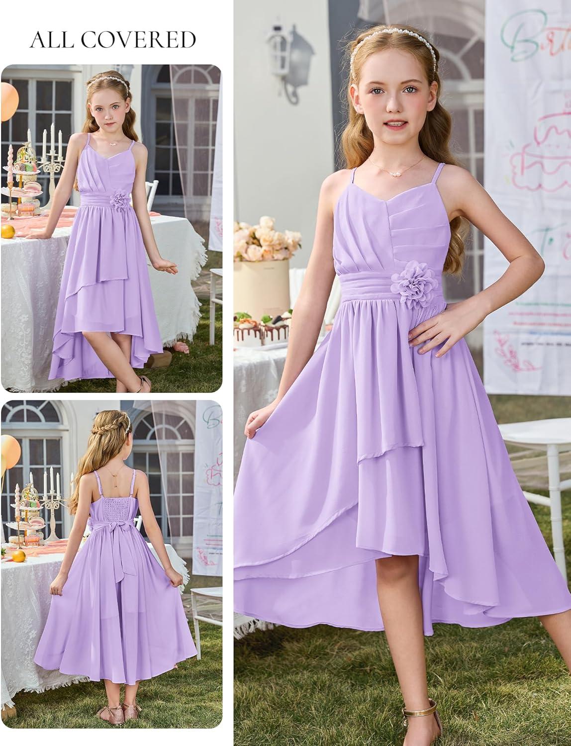 imageGRACE KARIN Girls Chiffon Summer Dresses Teen Long Party Formal Dress Flower Bridesmaid Straps Shirred High Low Clothes 614Light Purple