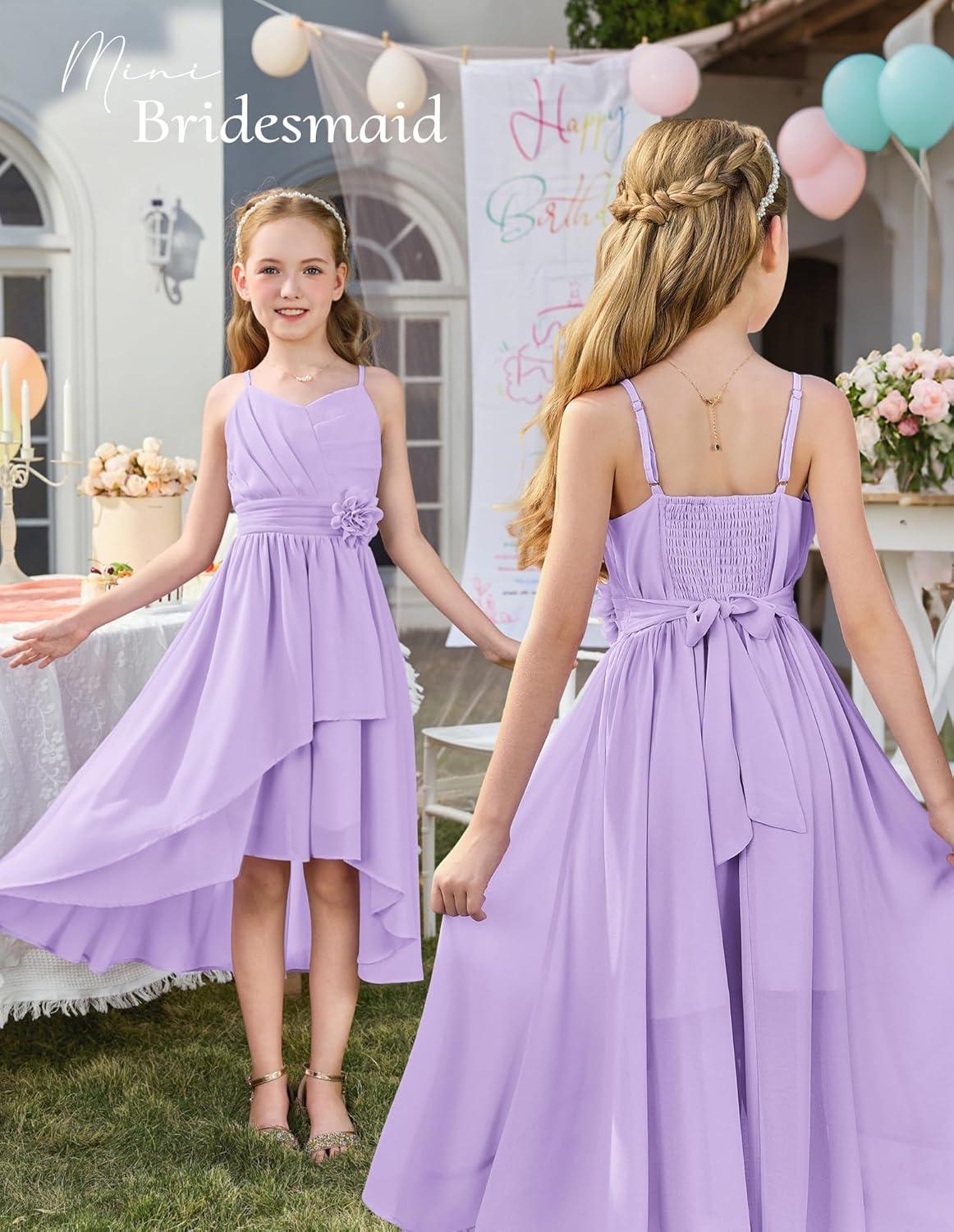 imageGRACE KARIN Girls Chiffon Summer Dresses Teen Long Party Formal Dress Flower Bridesmaid Straps Shirred High Low Clothes 614Light Purple