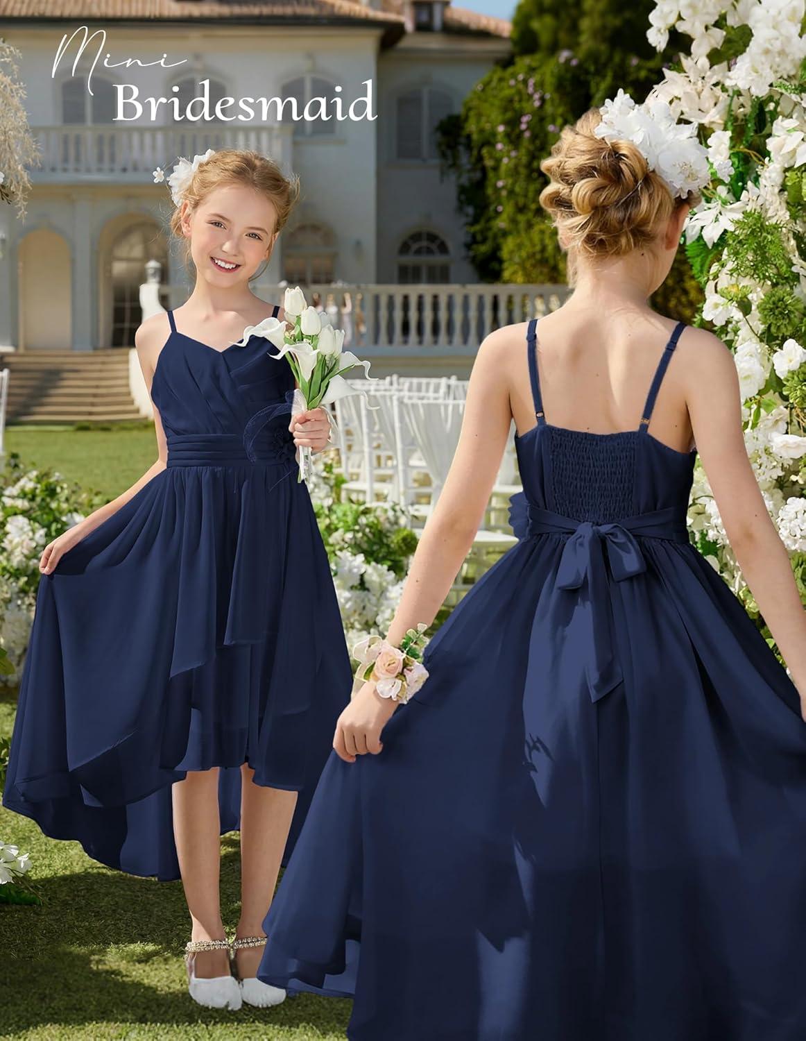imageGRACE KARIN Girls Chiffon Summer Dresses Teen Long Party Formal Dress Flower Bridesmaid Straps Shirred High Low Clothes 614Navy Blue