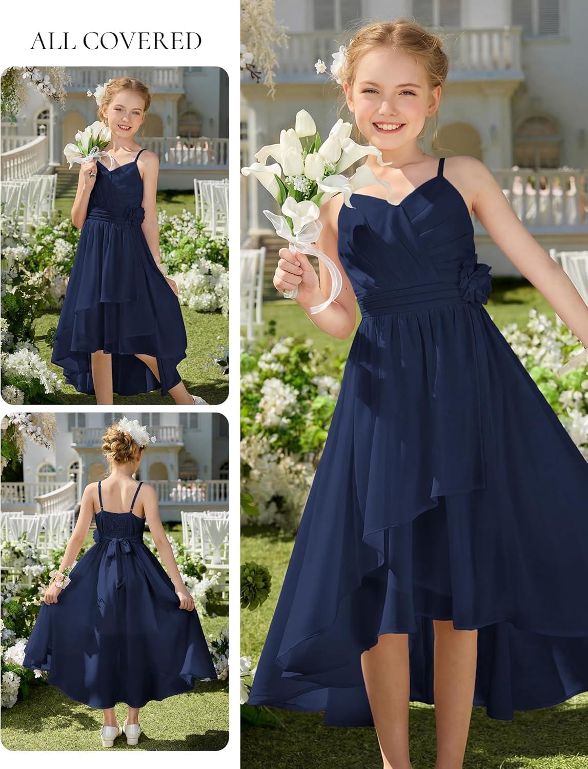 imageGRACE KARIN Girls Chiffon Summer Dresses Teen Long Party Formal Dress Flower Bridesmaid Straps Shirred High Low Clothes 614Navy Blue
