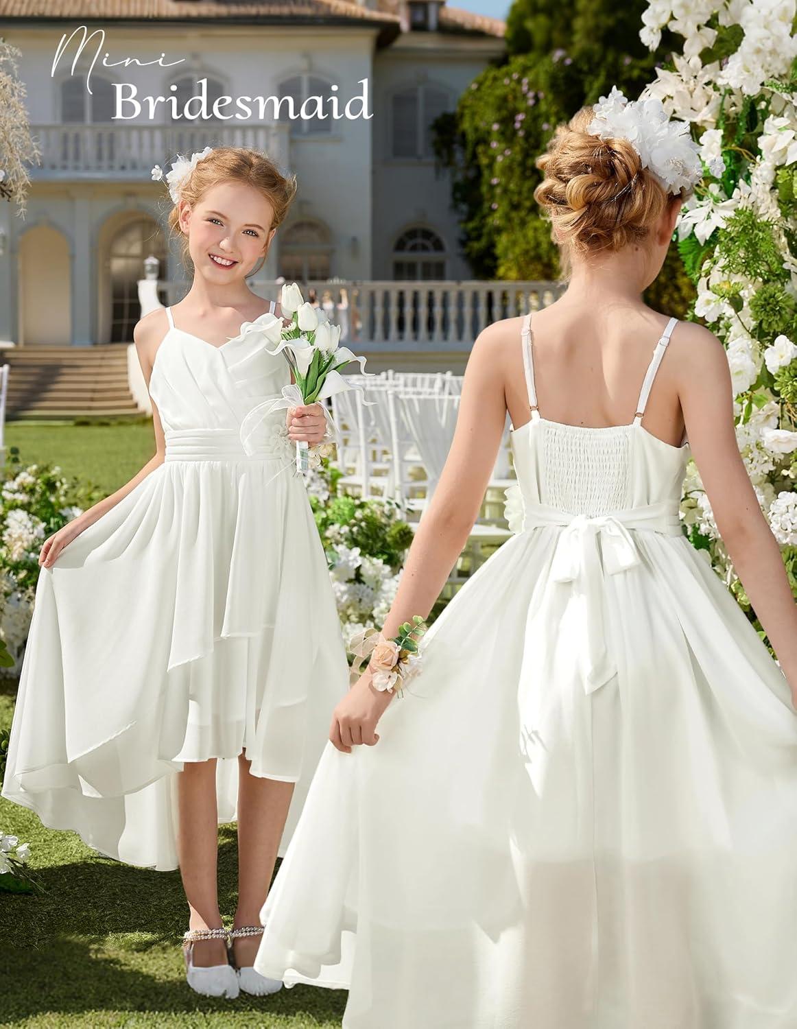 imageGRACE KARIN Girls Chiffon Summer Dresses Teen Long Party Formal Dress Flower Bridesmaid Straps Shirred High Low Clothes 614White
