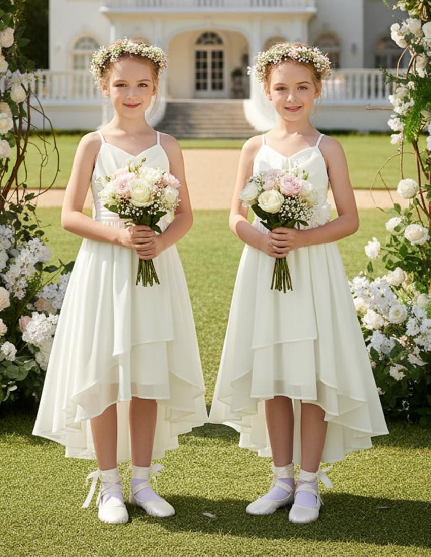 imageGRACE KARIN Girls Chiffon Summer Dresses Teen Long Party Formal Dress Flower Bridesmaid Straps Shirred High Low Clothes 614White