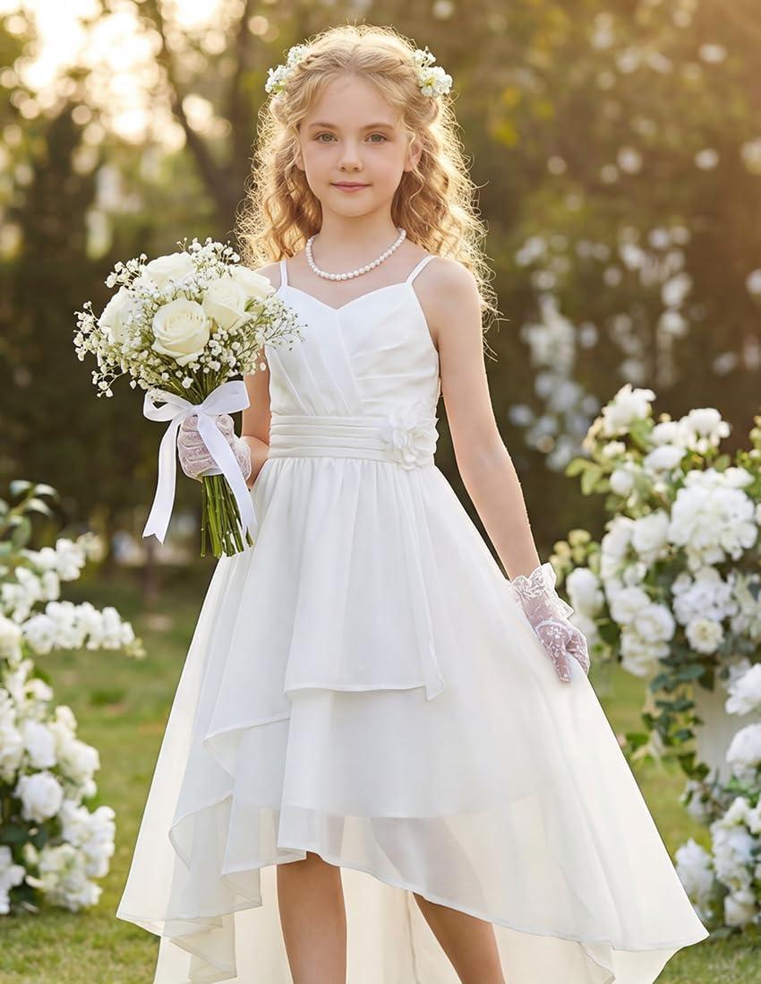 imageGRACE KARIN Girls Chiffon Summer Dresses Teen Long Party Formal Dress Flower Bridesmaid Straps Shirred High Low Clothes 614White
