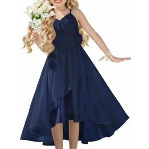 GRACE KARIN Girls Chiffon Summer Dresses Teen Long Party Formal Dress Flower Bridesmaid Straps Shirred High Low Clothes 6-14(Navy Blue)