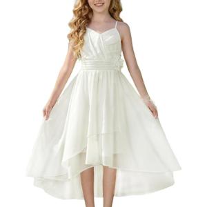 GRACE KARIN Girls Chiffon Summer Dresses Teen Long Party Formal Dress Flower Bridesmaid Straps Shirred High Low Clothes 6-14(White)