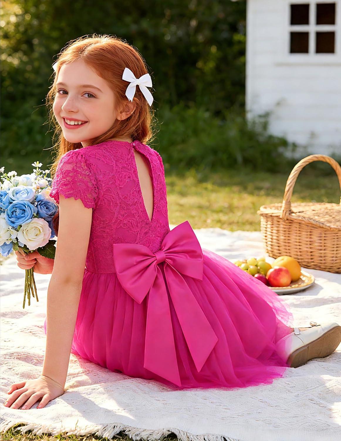 imageGRACE KARIN Flower Girl Dress with Big BowKids Lace Tulle Princess GownWedding Formal Birthday Party Pageant 510YHot Fuchsia