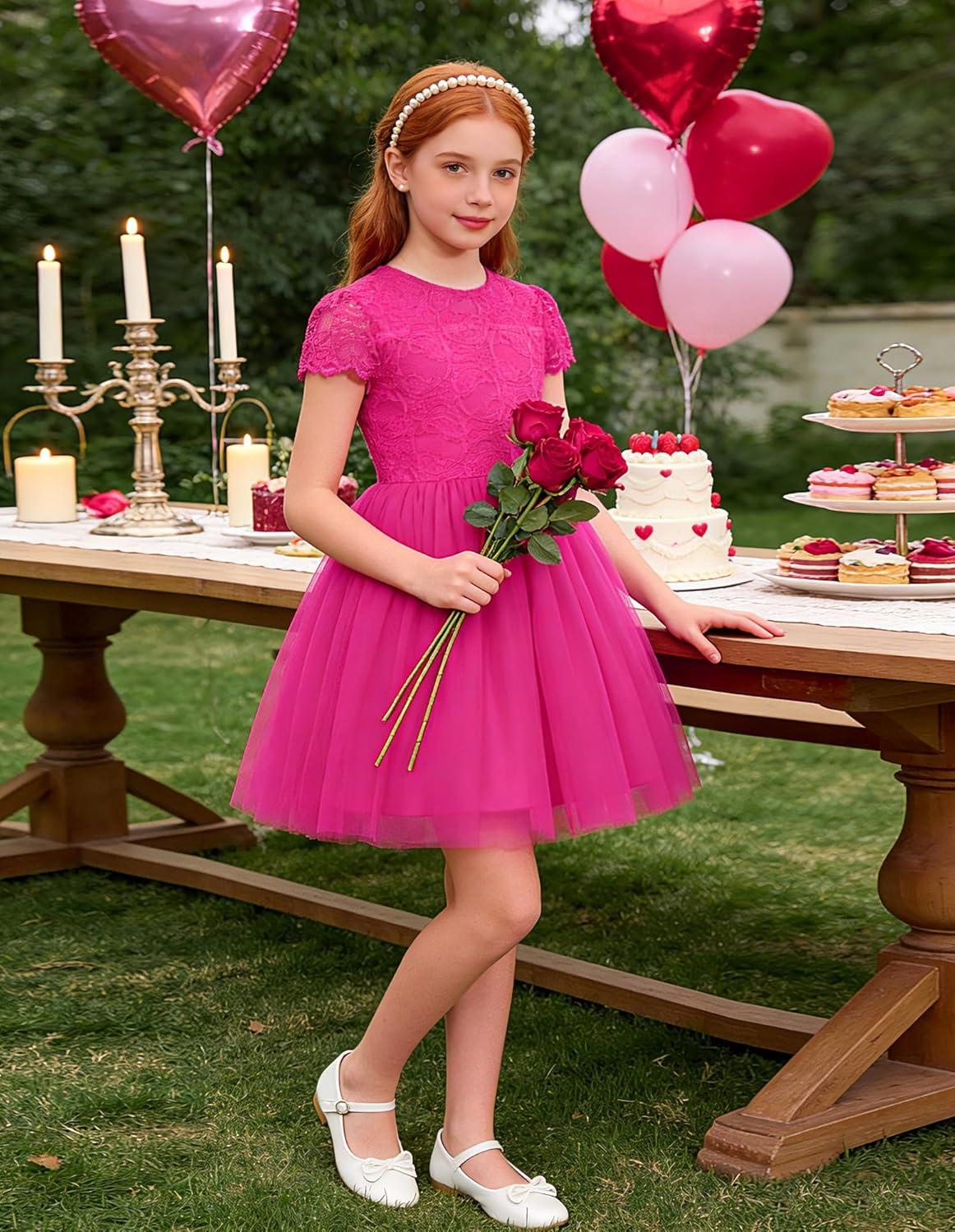 imageGRACE KARIN Flower Girl Dress with Big BowKids Lace Tulle Princess GownWedding Formal Birthday Party Pageant 510YHot Fuchsia