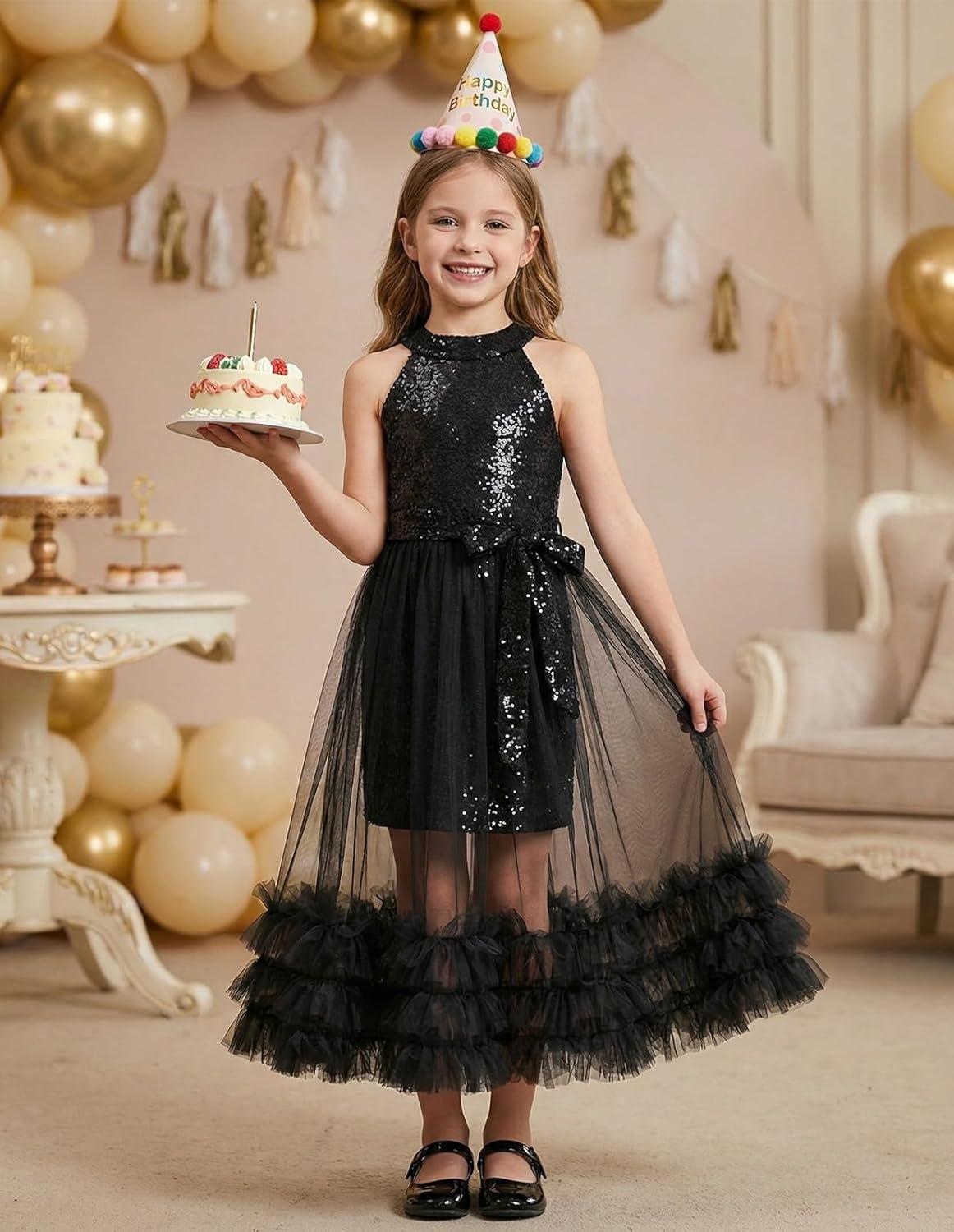 imageGRACE KARIN Girls Sequin Dress Sparkly Formal Party Pageant Halter Tulle Maxi Teen Prom Dresses for 714 YearsBlack