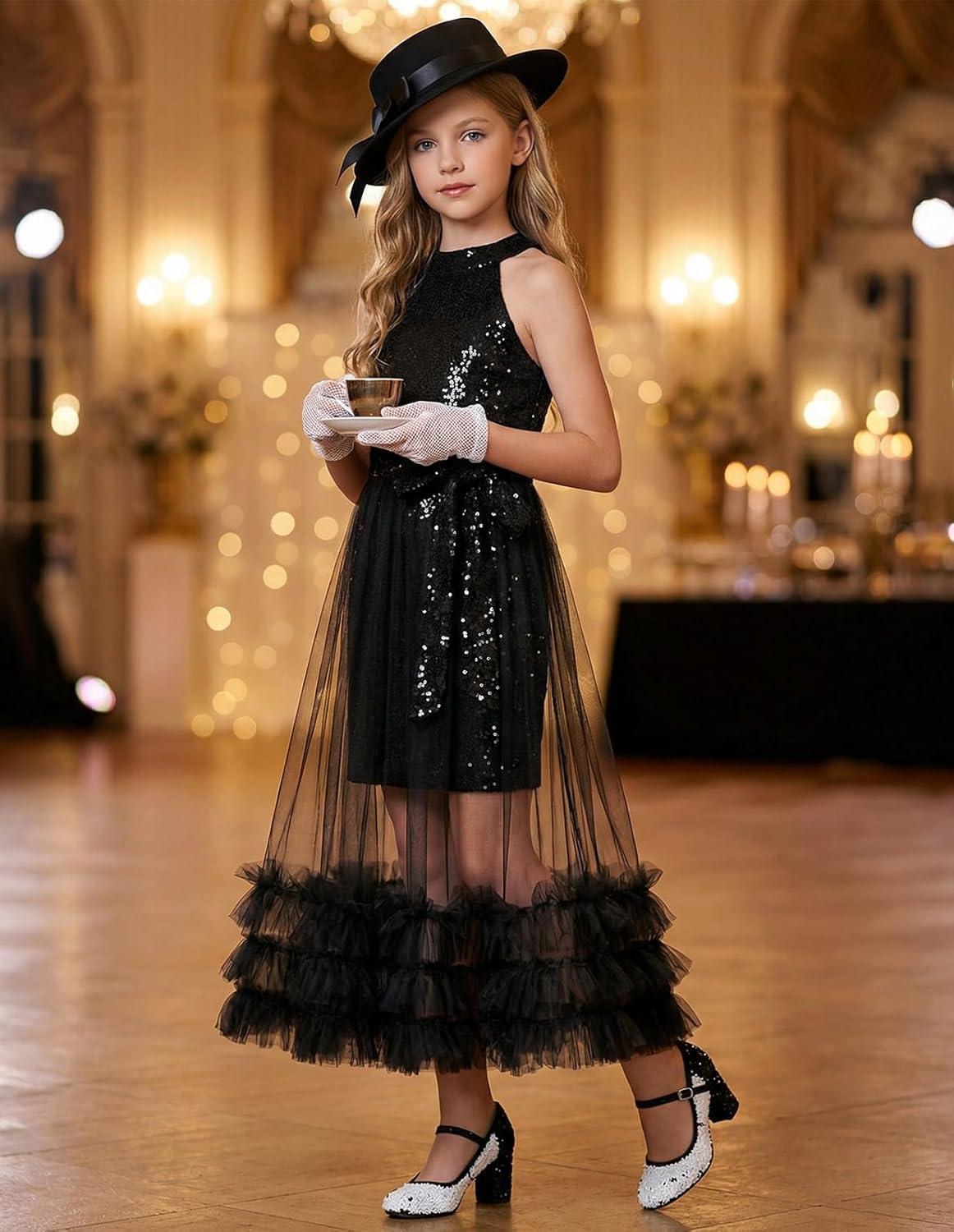 imageGRACE KARIN Girls Sequin Dress Sparkly Formal Party Pageant Halter Tulle Maxi Teen Prom Dresses for 714 YearsBlack