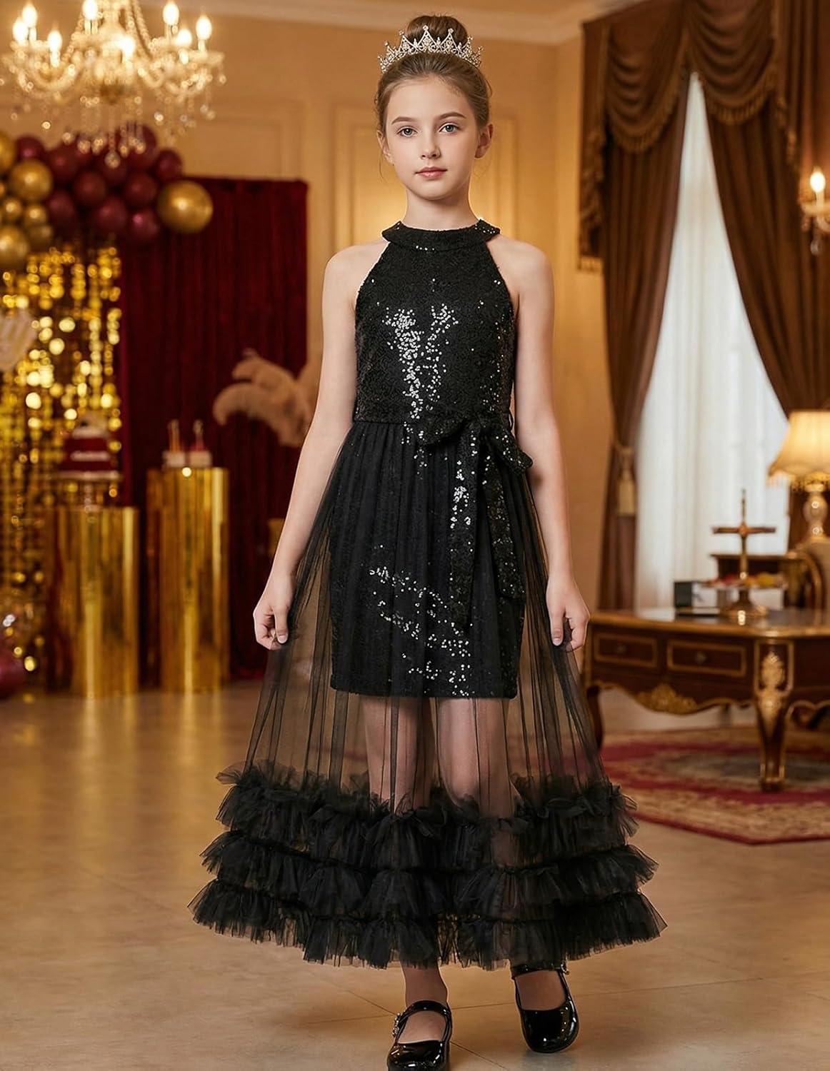 imageGRACE KARIN Girls Sequin Dress Sparkly Formal Party Pageant Halter Tulle Maxi Teen Prom Dresses for 714 YearsBlack