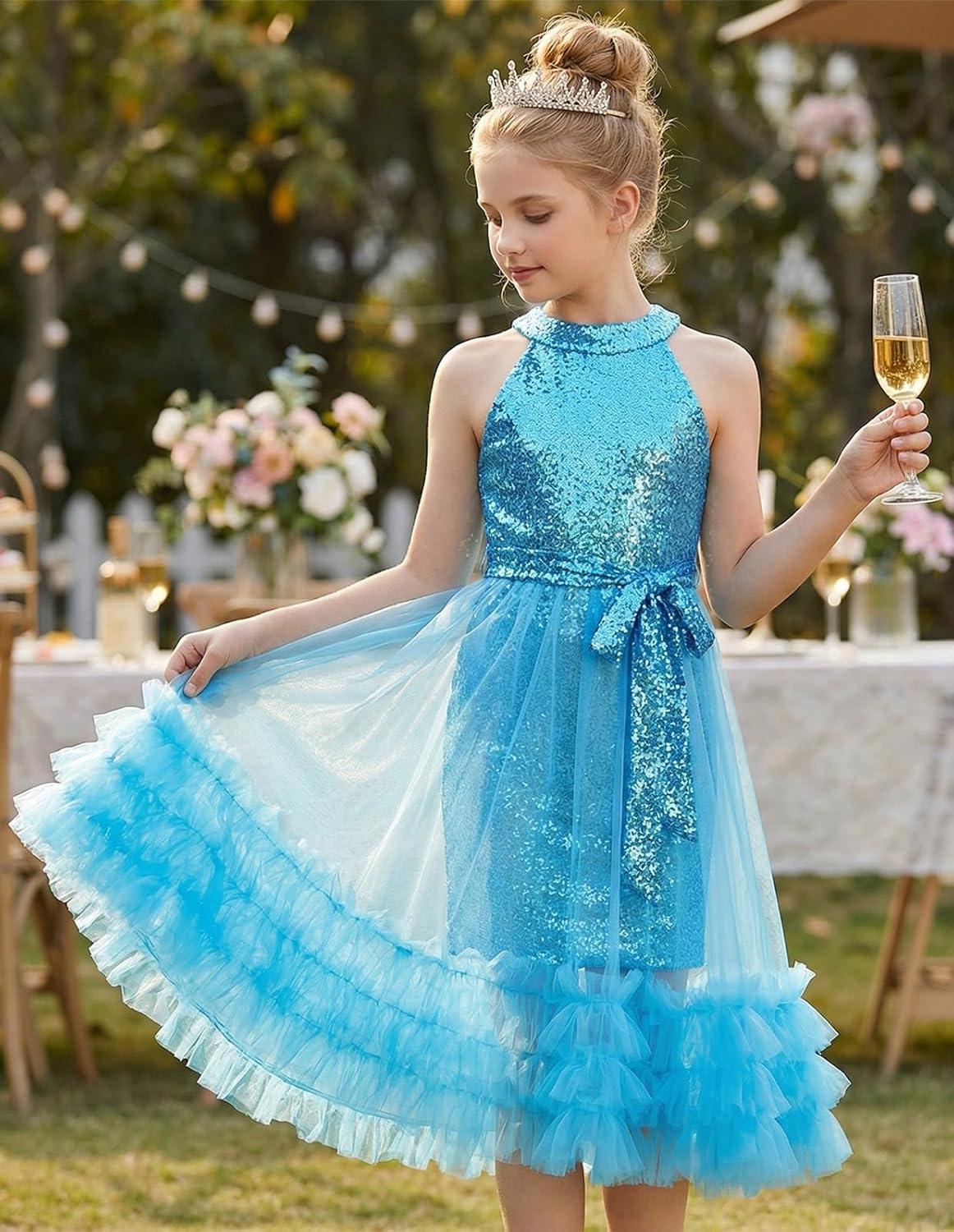 imageGRACE KARIN Girls Sequin Dress Sparkly Formal Party Pageant Halter Tulle Maxi Teen Prom Dresses for 714 YearsBlue