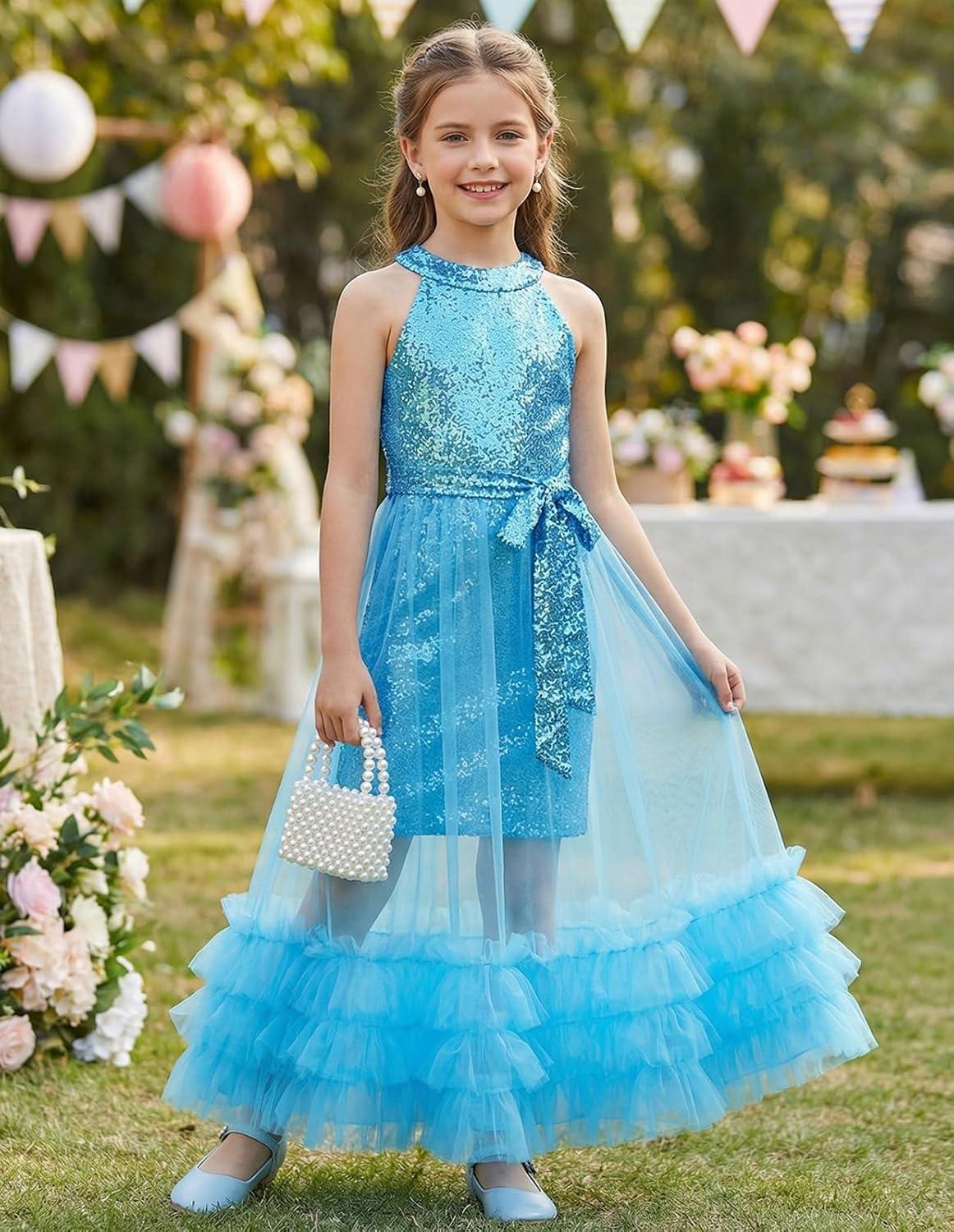 imageGRACE KARIN Girls Sequin Dress Sparkly Formal Party Pageant Halter Tulle Maxi Teen Prom Dresses for 714 YearsBlue
