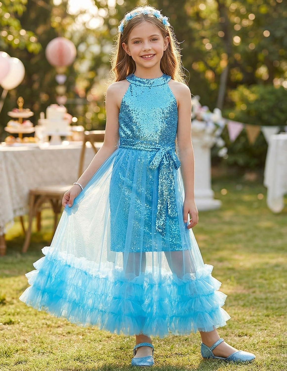 imageGRACE KARIN Girls Sequin Dress Sparkly Formal Party Pageant Halter Tulle Maxi Teen Prom Dresses for 714 YearsBlue