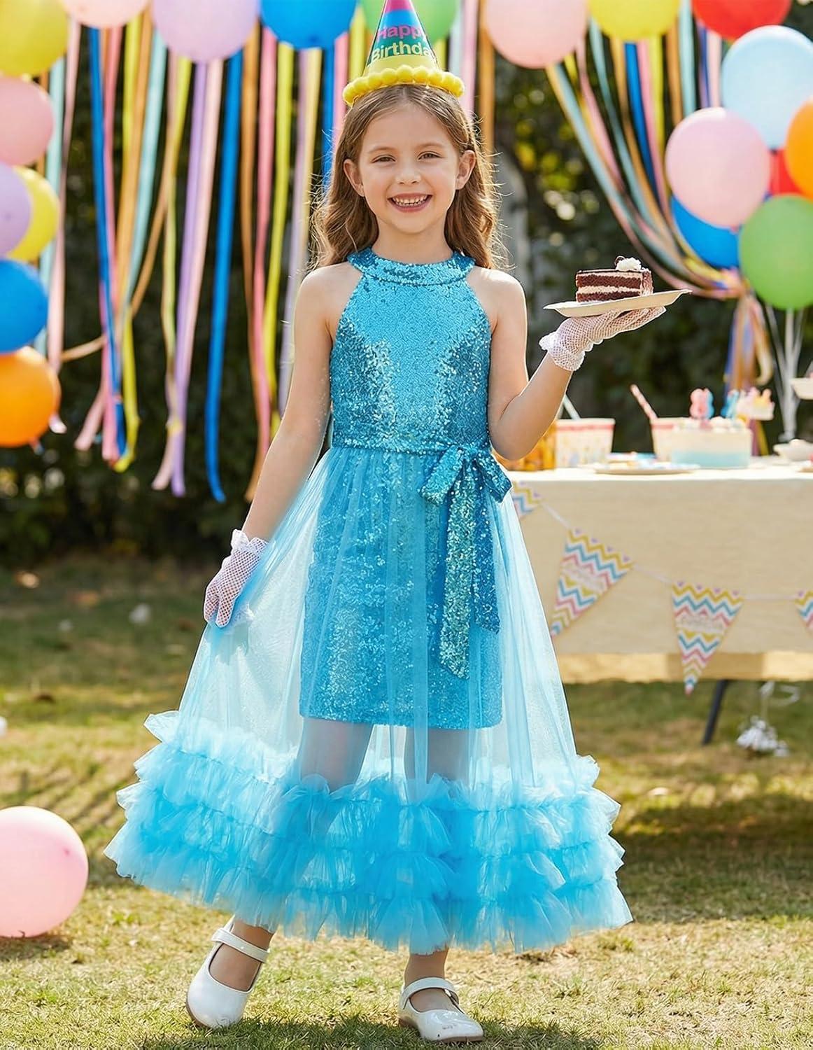 imageGRACE KARIN Girls Sequin Dress Sparkly Formal Party Pageant Halter Tulle Maxi Teen Prom Dresses for 714 YearsBlue