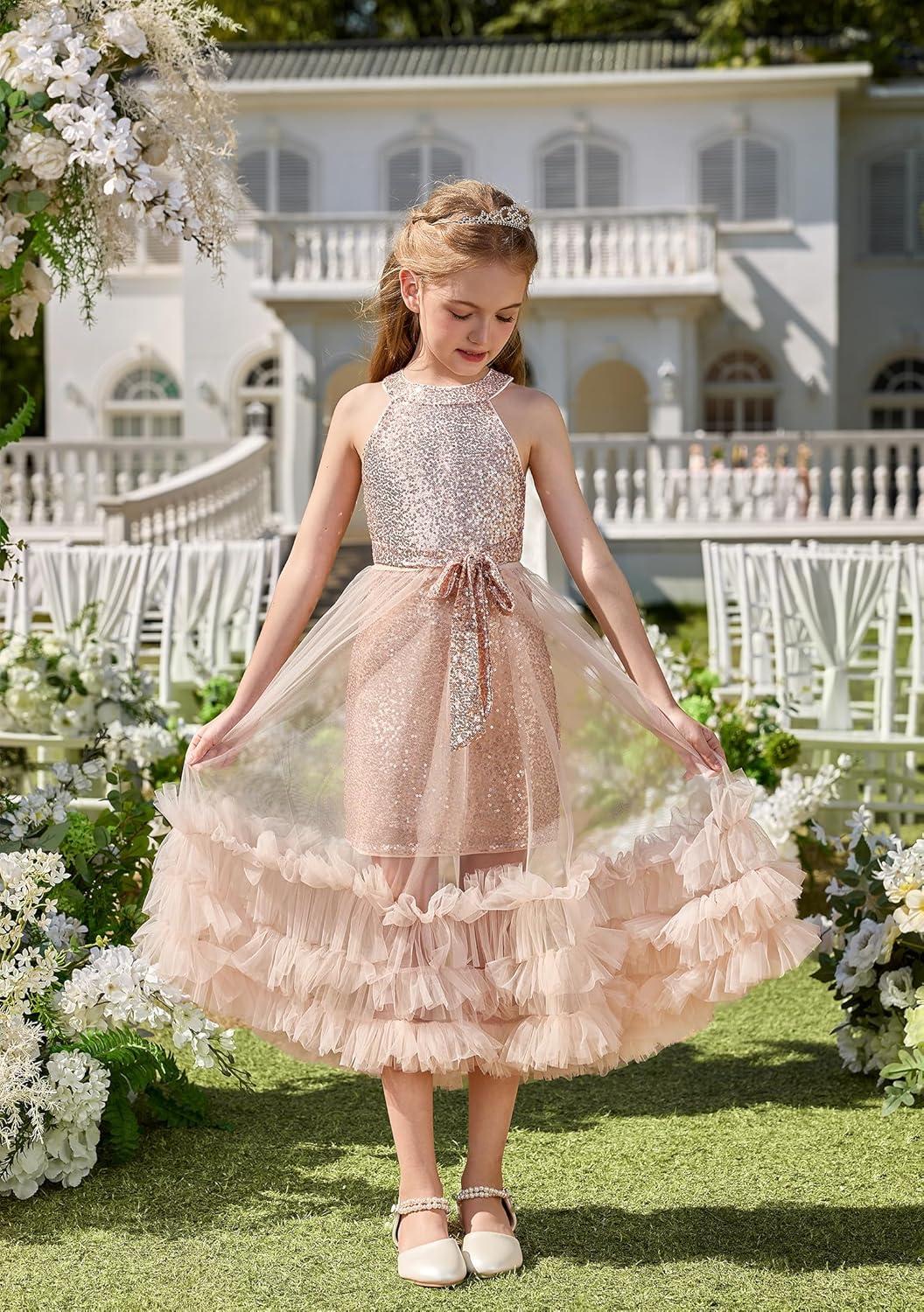 imageGRACE KARIN Girls Sequin Dress Sparkly Formal Party Pageant Halter Tulle Maxi Teen Prom Dresses for 714 YearsGold