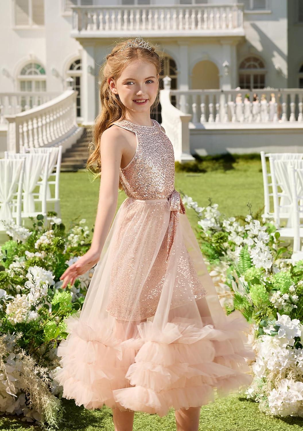 imageGRACE KARIN Girls Sequin Dress Sparkly Formal Party Pageant Halter Tulle Maxi Teen Prom Dresses for 714 YearsGold