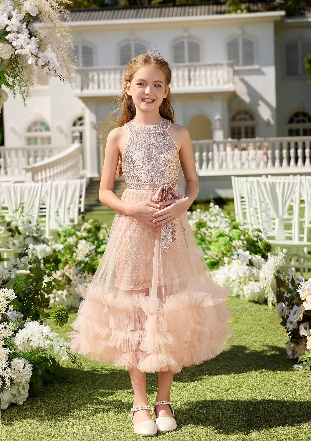 imageGRACE KARIN Girls Sequin Dress Sparkly Formal Party Pageant Halter Tulle Maxi Teen Prom Dresses for 714 YearsGold