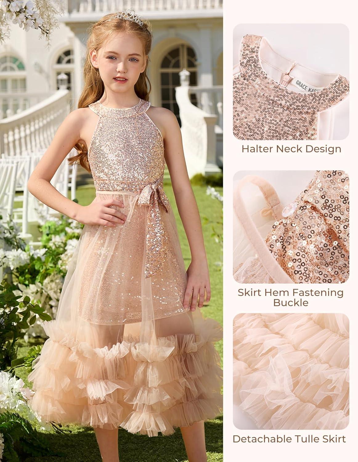 imageGRACE KARIN Girls Sequin Dress Sparkly Formal Party Pageant Halter Tulle Maxi Teen Prom Dresses for 714 YearsGold