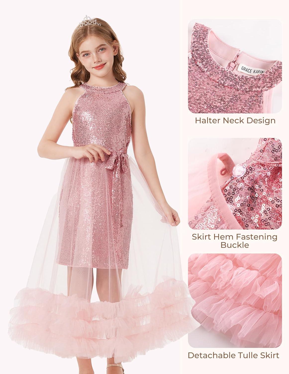 imageGRACE KARIN Girls Sequin Dress Sparkly Formal Party Pageant Halter Tulle Maxi Teen Prom Dresses for 714 YearsPink