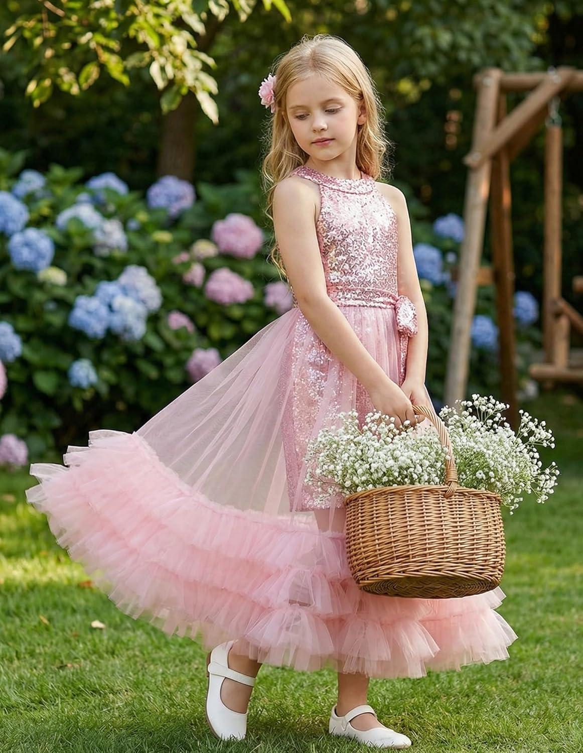 imageGRACE KARIN Girls Sequin Dress Sparkly Formal Party Pageant Halter Tulle Maxi Teen Prom Dresses for 714 YearsPink