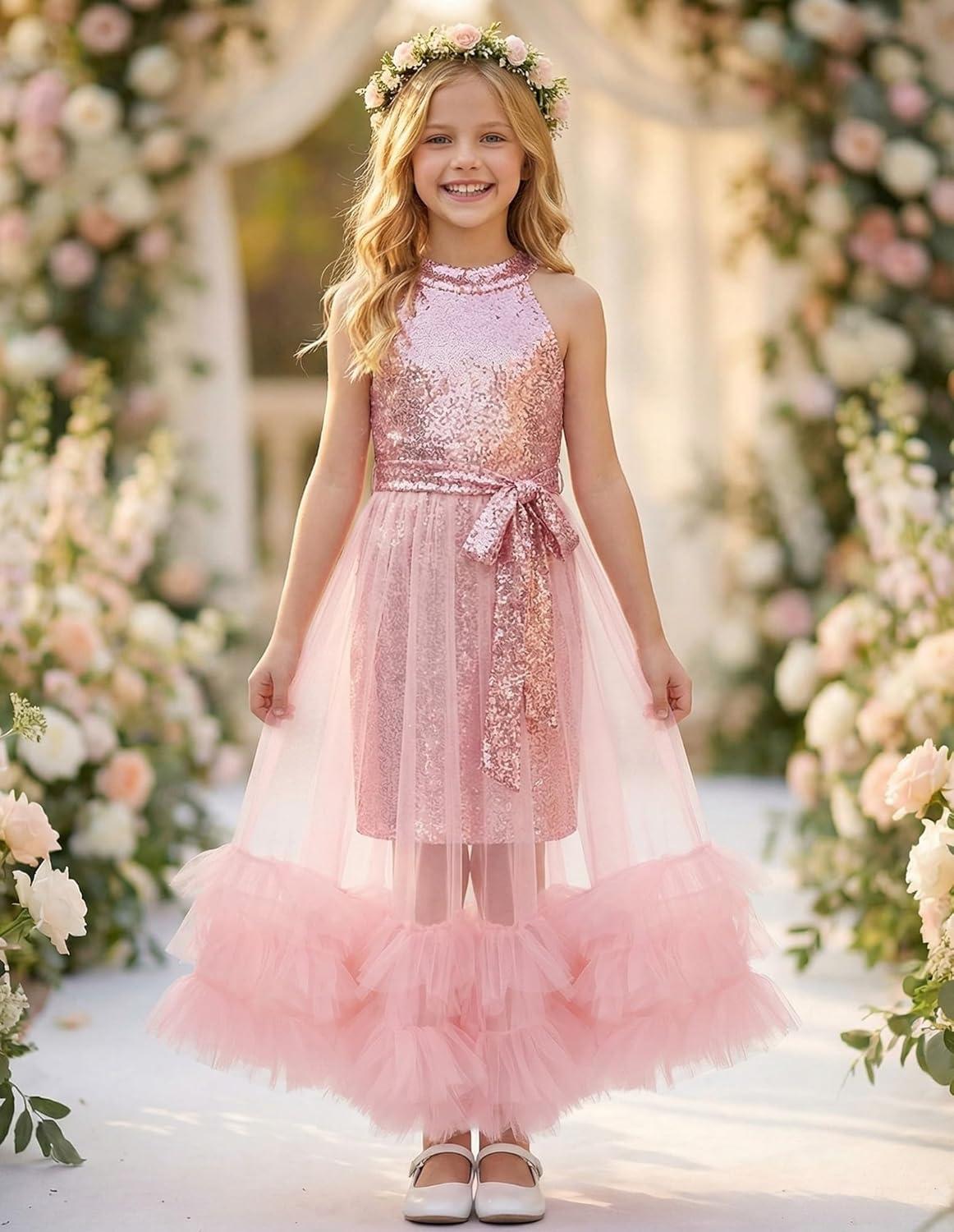 imageGRACE KARIN Girls Sequin Dress Sparkly Formal Party Pageant Halter Tulle Maxi Teen Prom Dresses for 714 YearsPink
