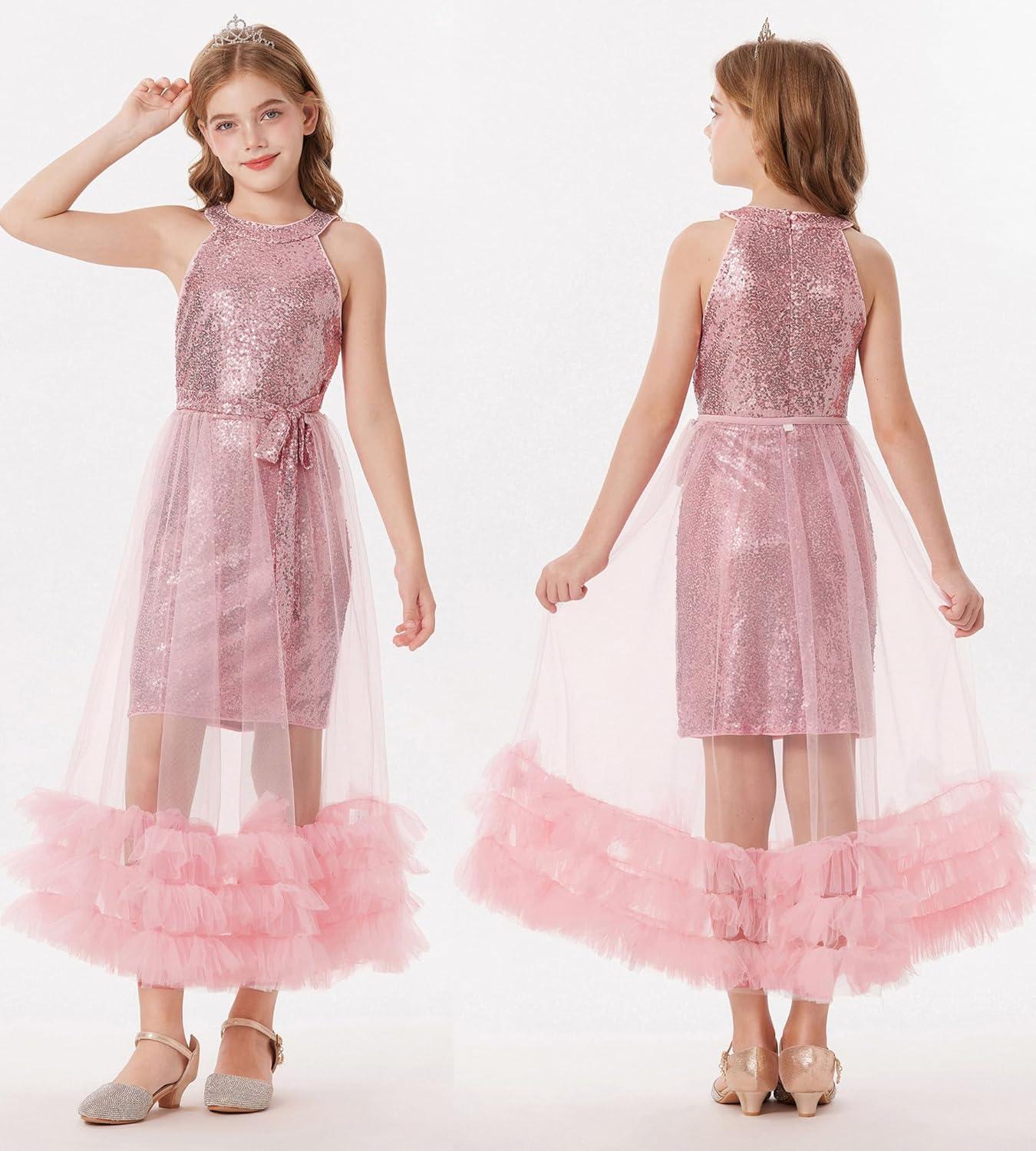 imageGRACE KARIN Girls Sequin Dress Sparkly Formal Party Pageant Halter Tulle Maxi Teen Prom Dresses for 714 YearsPink