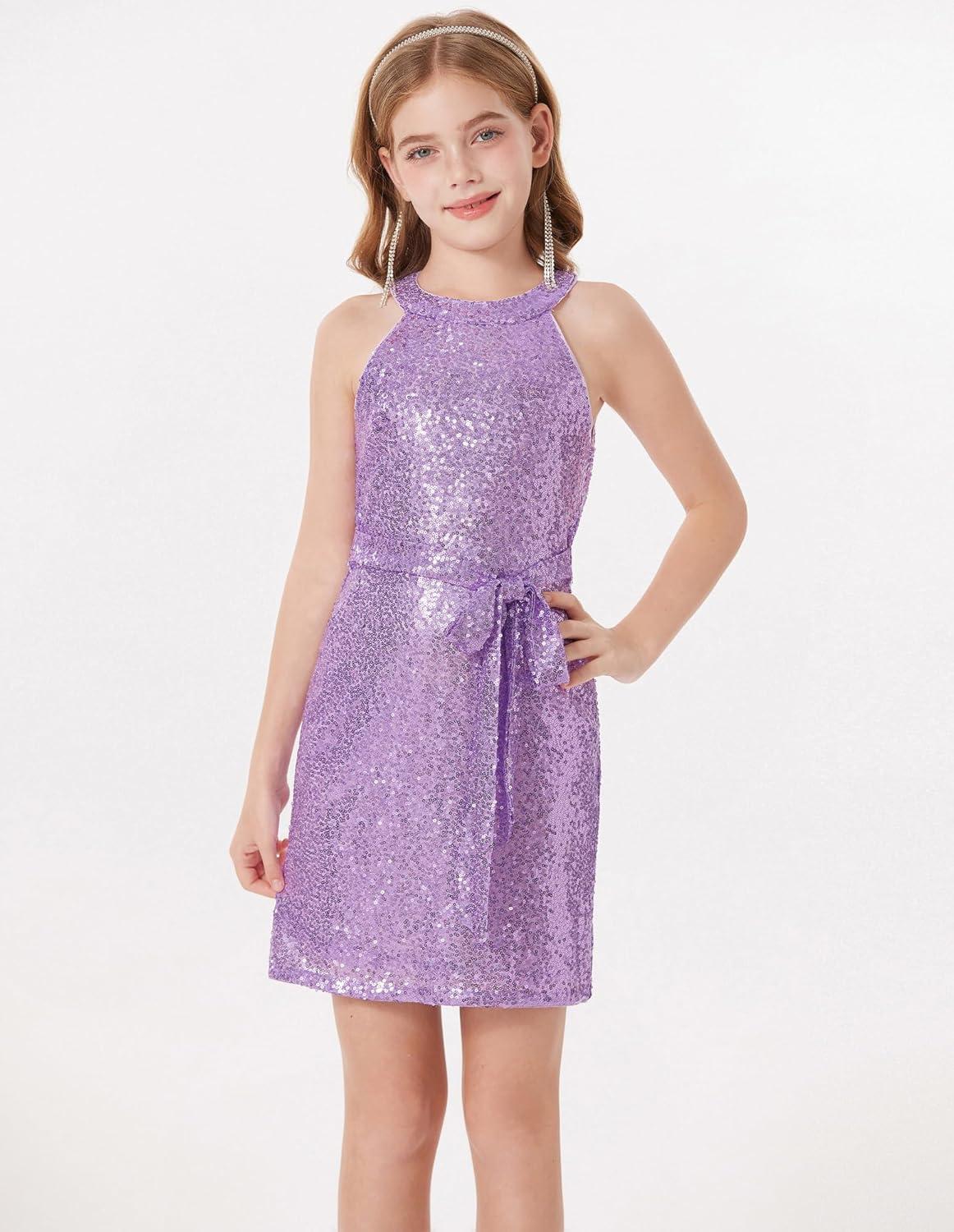 imageGRACE KARIN Girls Sequin Dress Sparkly Formal Party Pageant Halter Tulle Maxi Teen Prom Dresses for 714 YearsPurple