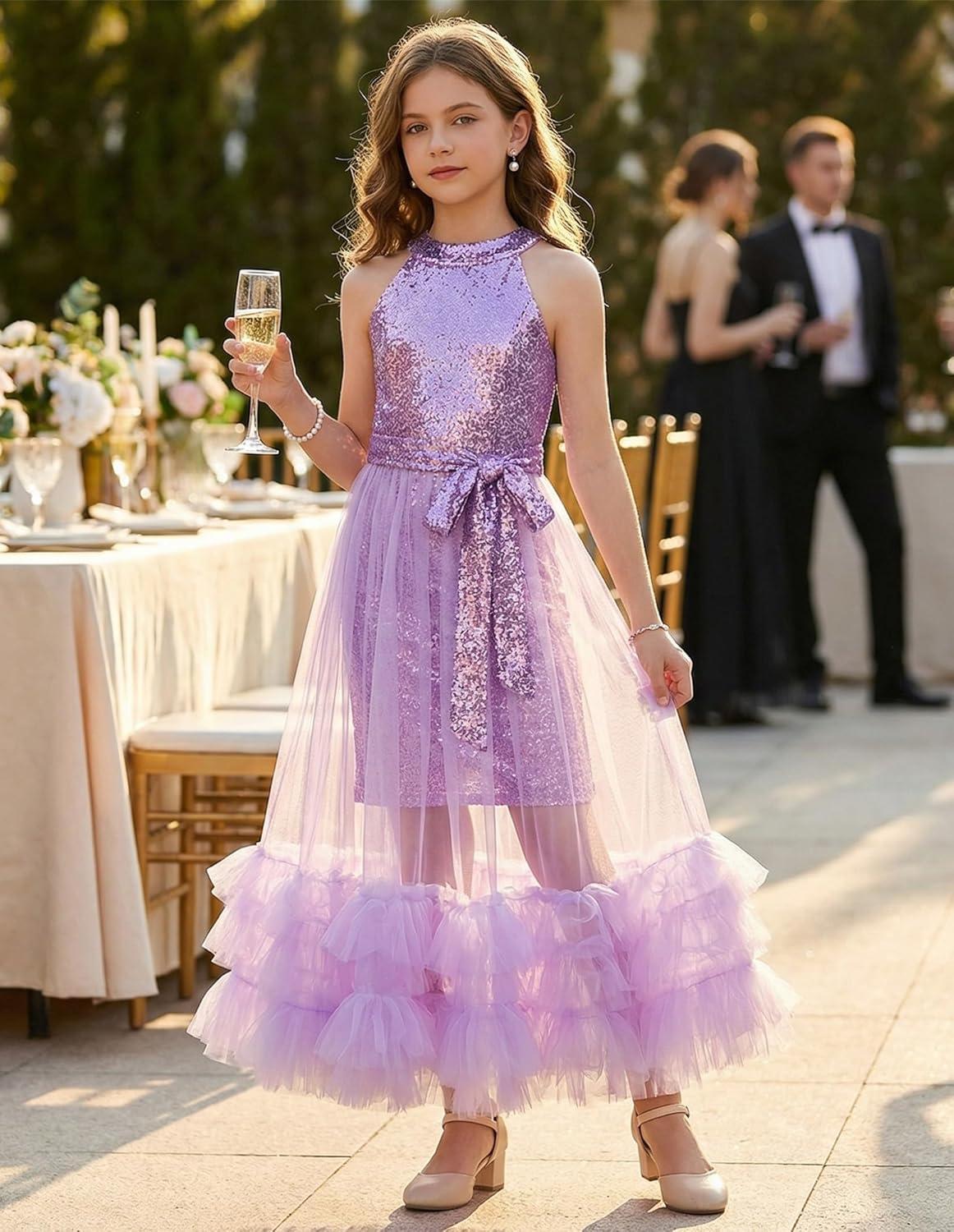 imageGRACE KARIN Girls Sequin Dress Sparkly Formal Party Pageant Halter Tulle Maxi Teen Prom Dresses for 714 YearsPurple