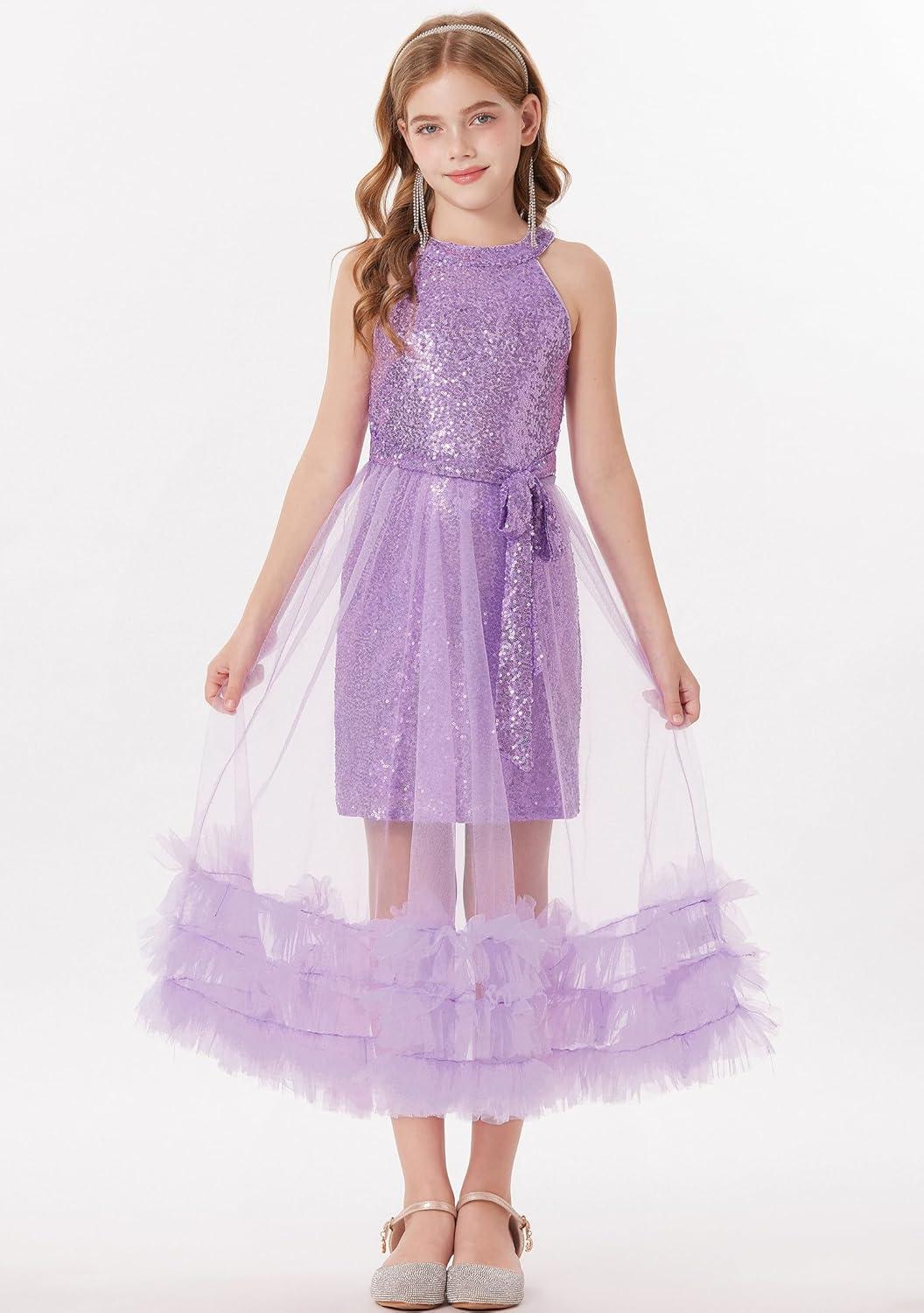 imageGRACE KARIN Girls Sequin Dress Sparkly Formal Party Pageant Halter Tulle Maxi Teen Prom Dresses for 714 YearsPurple